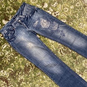 Versace Women's Straight Leg Jeans in Distressed Blue with Floral Print